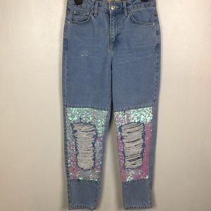 TopShop Moto Mom Sequin Distressd High Waist Jeans